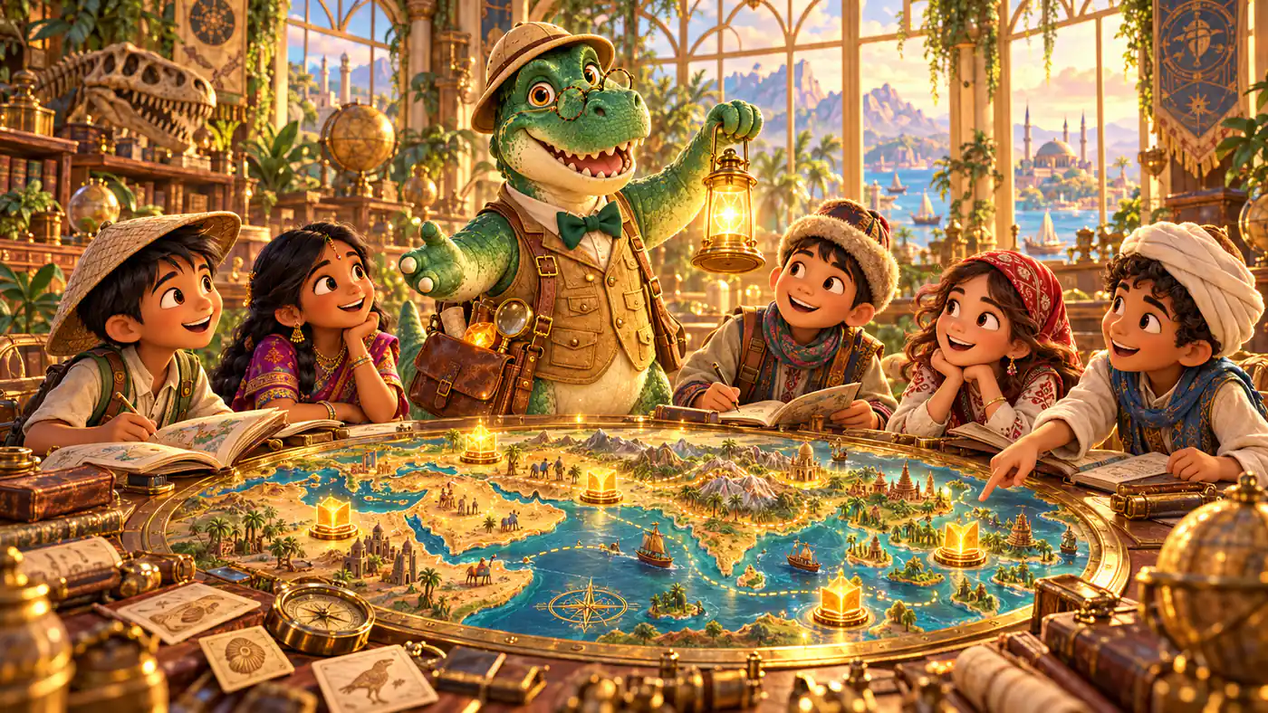Storybook illustration: Professor Rex and young explorers gathered around an illustrated map of story worlds