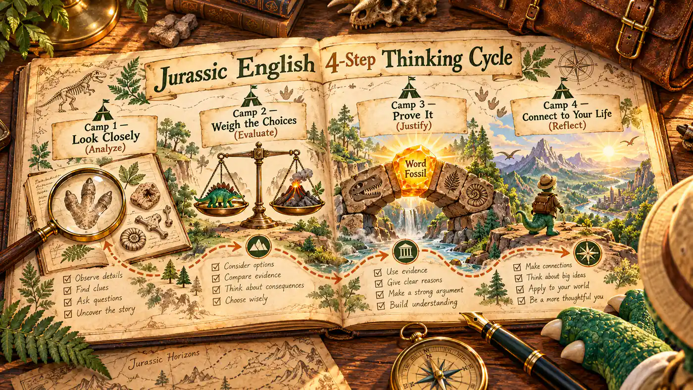 Illustrated explorer journal map of the 4-Step Thinking Cycle: Analyze, Evaluate, Justify, Reflect